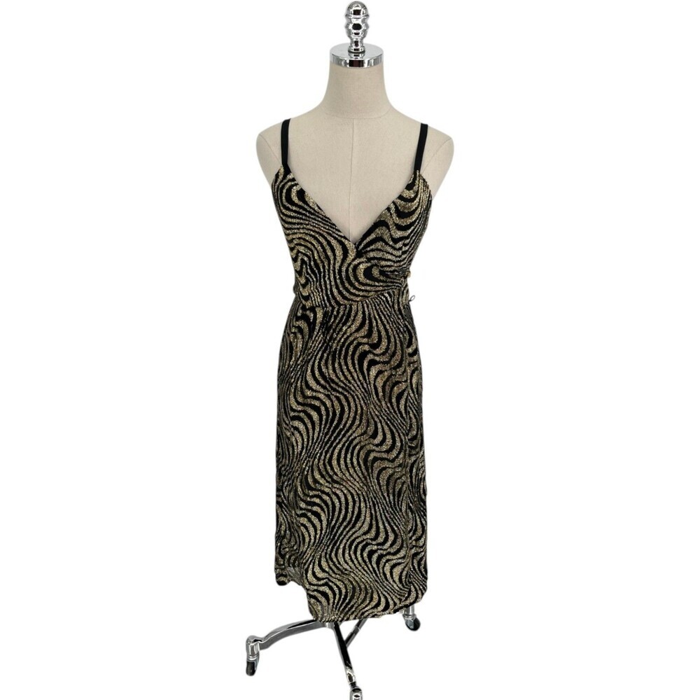 Milly Dress Womens Size 2 Black Gold Metallic Swirl Midi Tie Y2K Glam